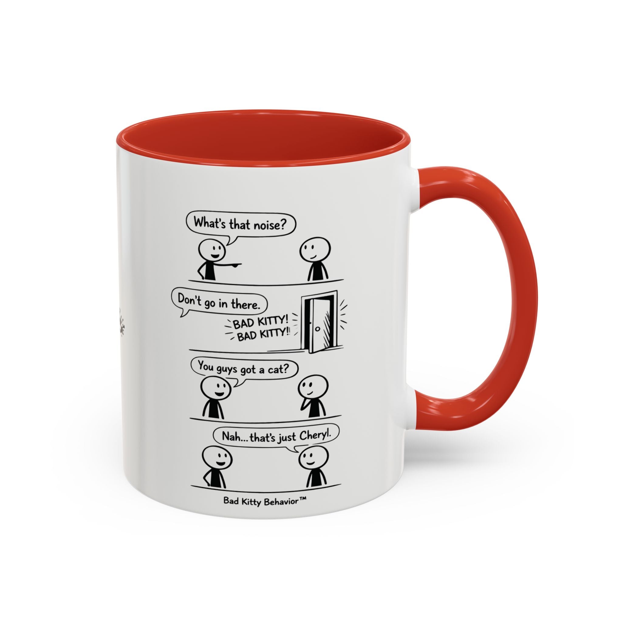 Coffee Mug — Funny Stick Figure Comic "Bad Kitty" Accent Ceramic Mug (11/15oz)