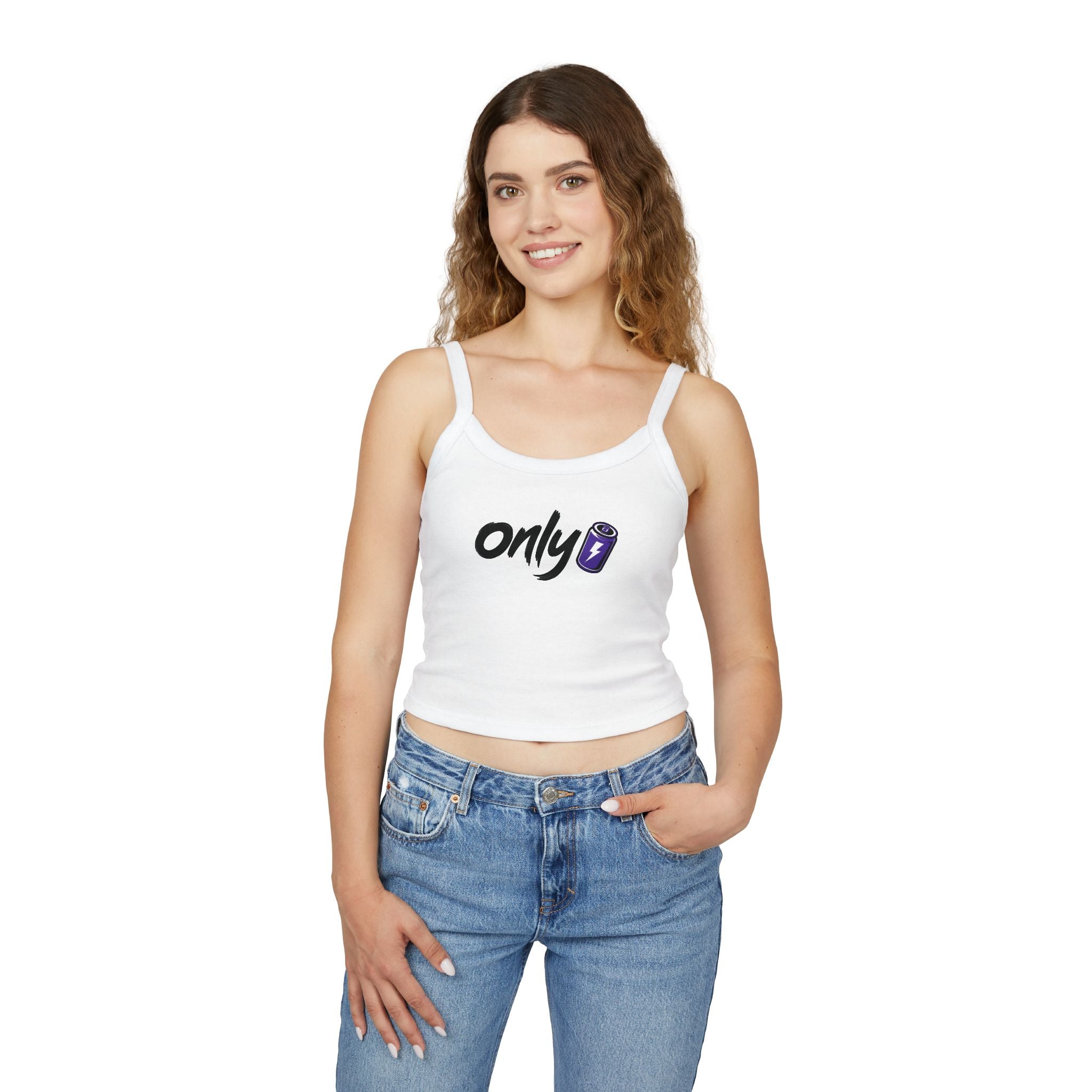 Spaghetti Tank — "Only" Purple Soda Can Graphic Crop Top