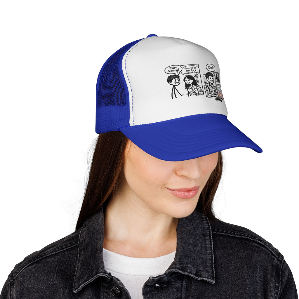 Comic Panel Trucker Hat — "Check" Retro Cartoon Design