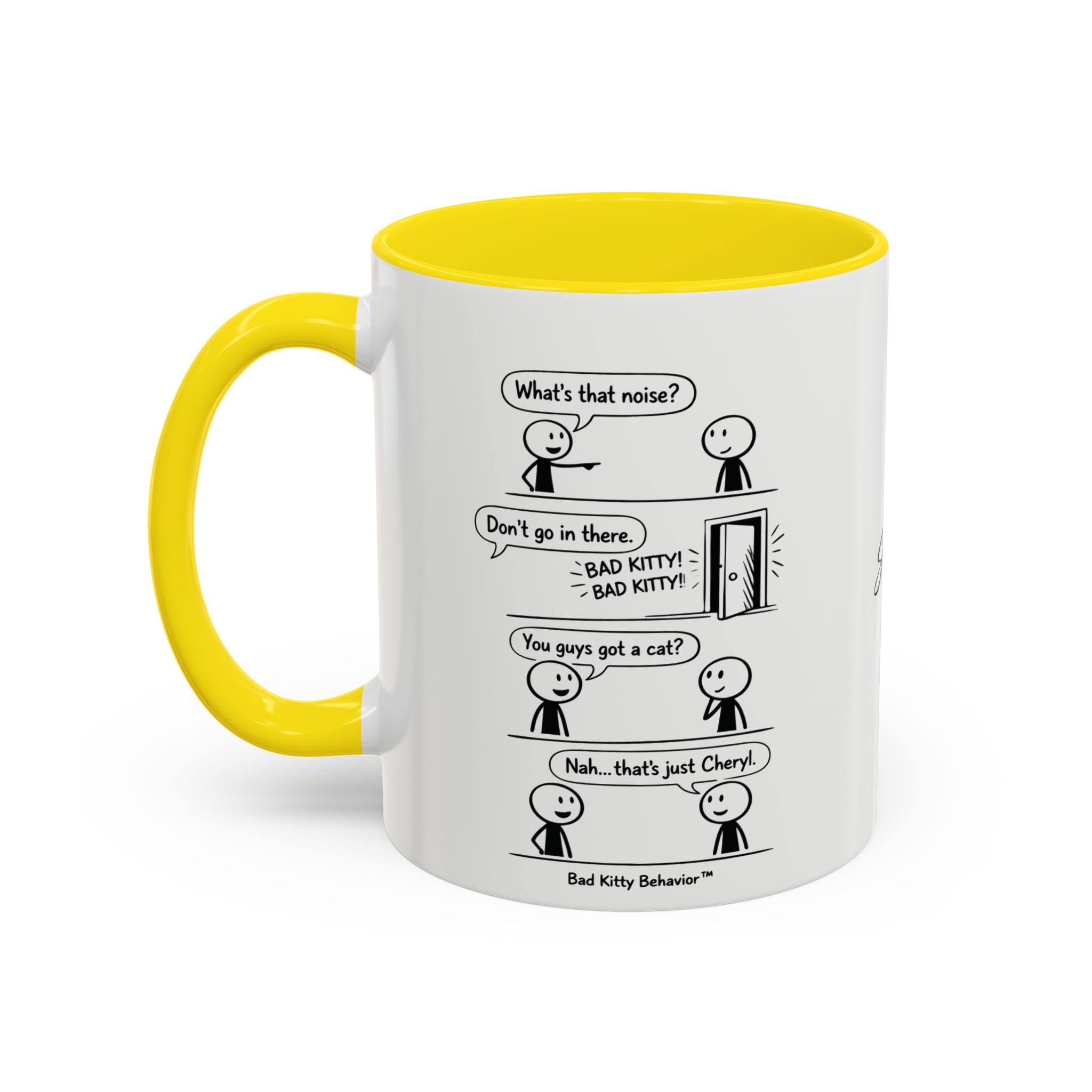Coffee Mug — Funny Stick Figure Comic "Bad Kitty" Accent Ceramic Mug (11/15oz)
