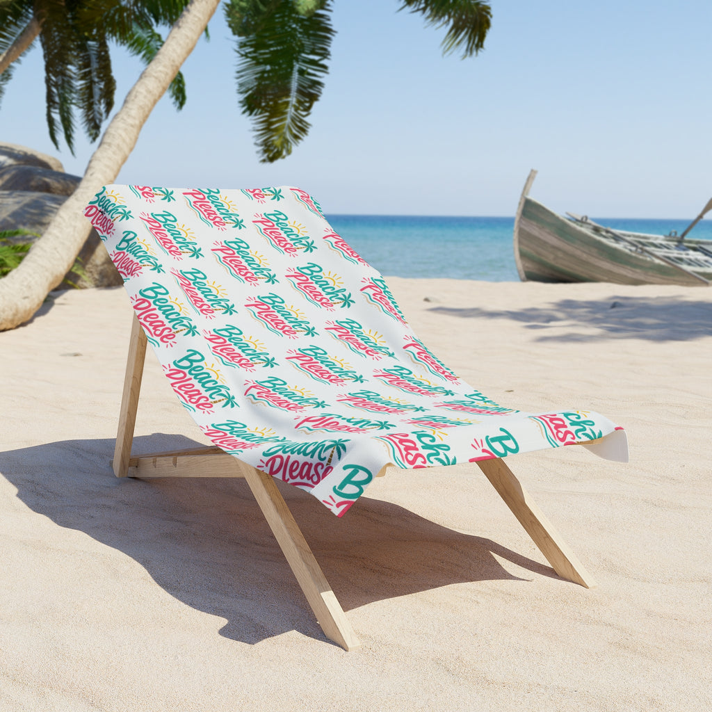 Beach Towel — "Beach Please" Repeat Script Tropical Print