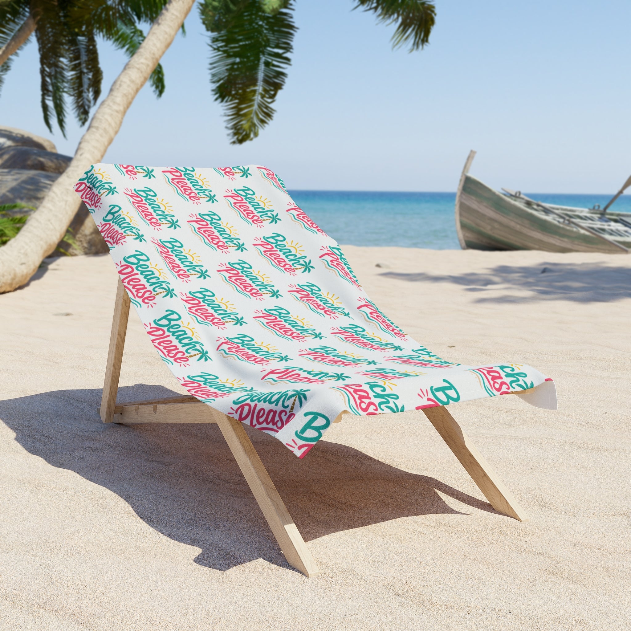 Beach Towel — "Beach Please" Repeat Script Tropical Print