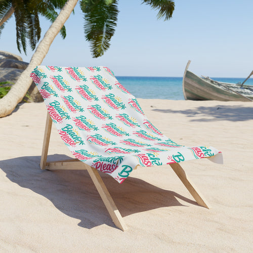 Beach Towel — "Beach Please" Repeat Script Tropical Print