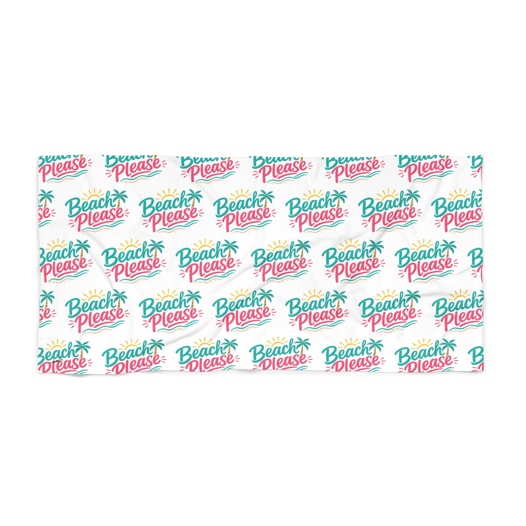 Beach Towel — "Beach Please" Repeat Script Tropical Print