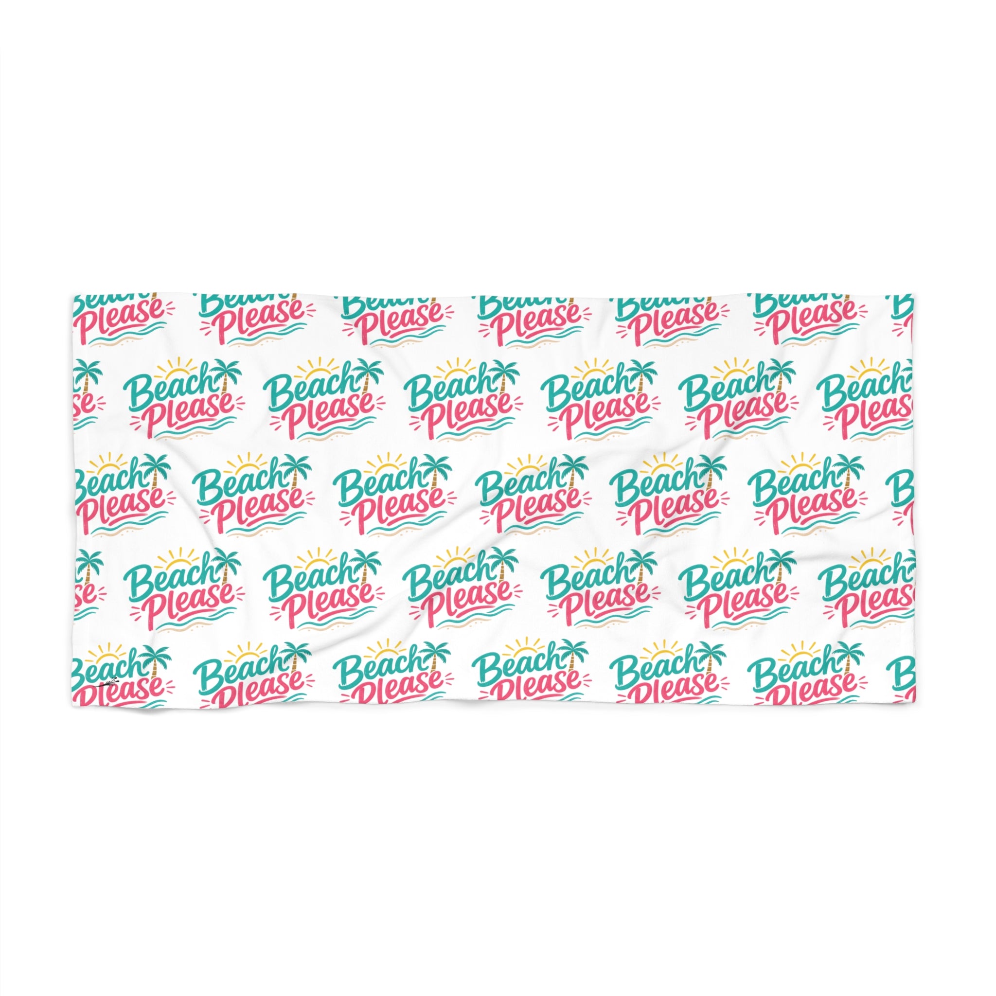 Beach Towel — "Beach Please" Repeat Script Tropical Print