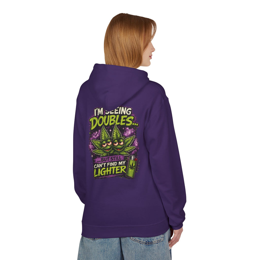 I'm Seeing Doubles Hoodie — Funny Cannabis Graphic Pullover with 'Can't Find My Lighter' Design