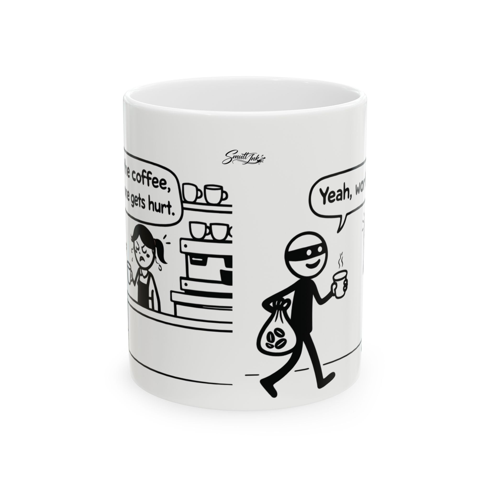 Funny Coffee Mug — "Coffee Heist" Comic Strip Ceramic Mug (11oz & 15oz)