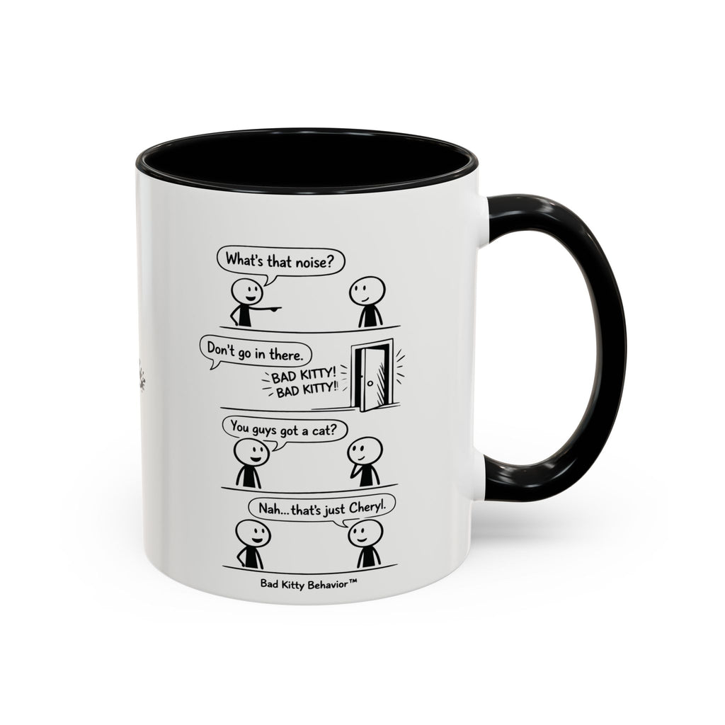 Coffee Mug — Funny Stick Figure Comic "Bad Kitty" Accent Ceramic Mug (11/15oz)