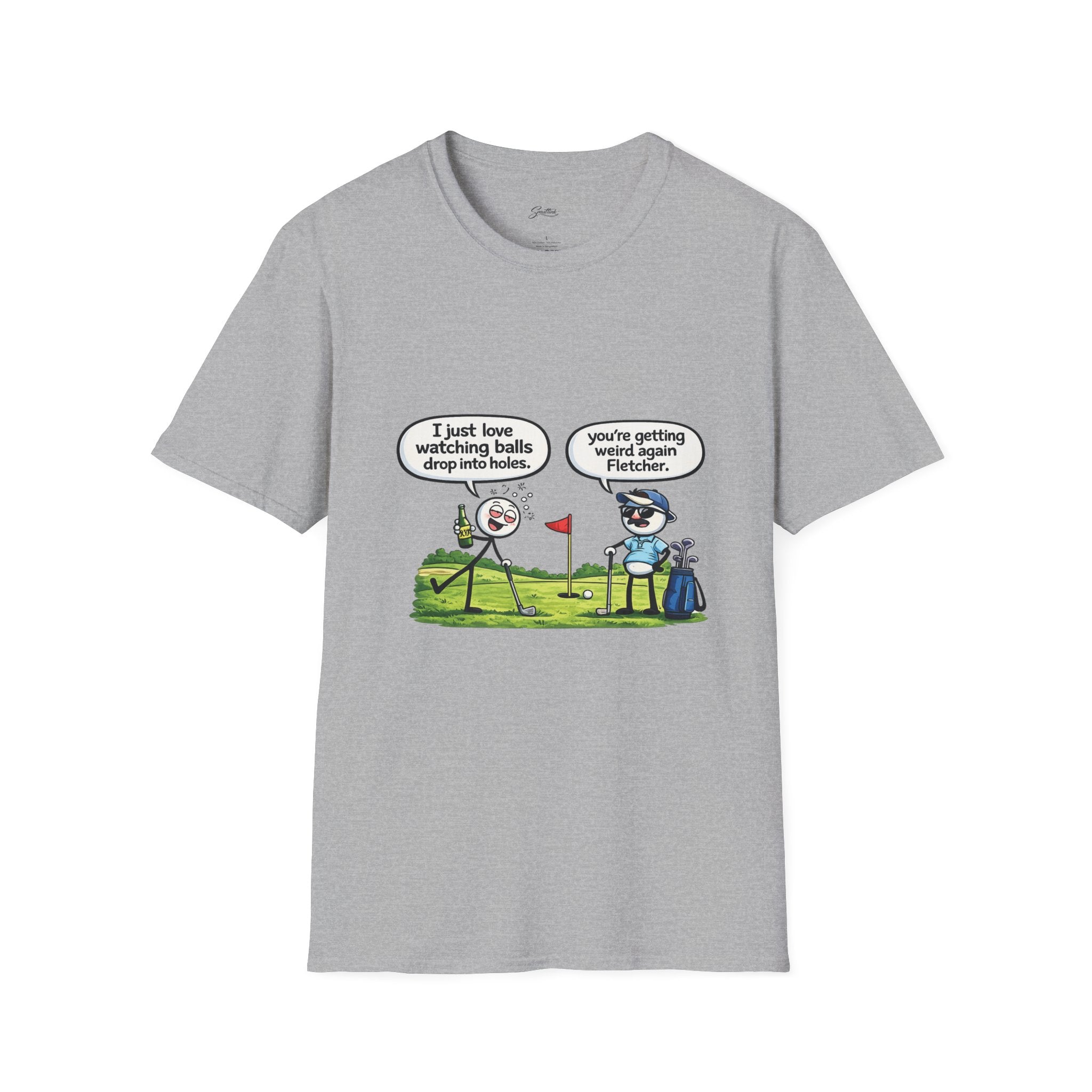 Golf Cartoon T-Shirt — Funny "I Just Love Watching Balls Drop Into Holes" Graphic Tee