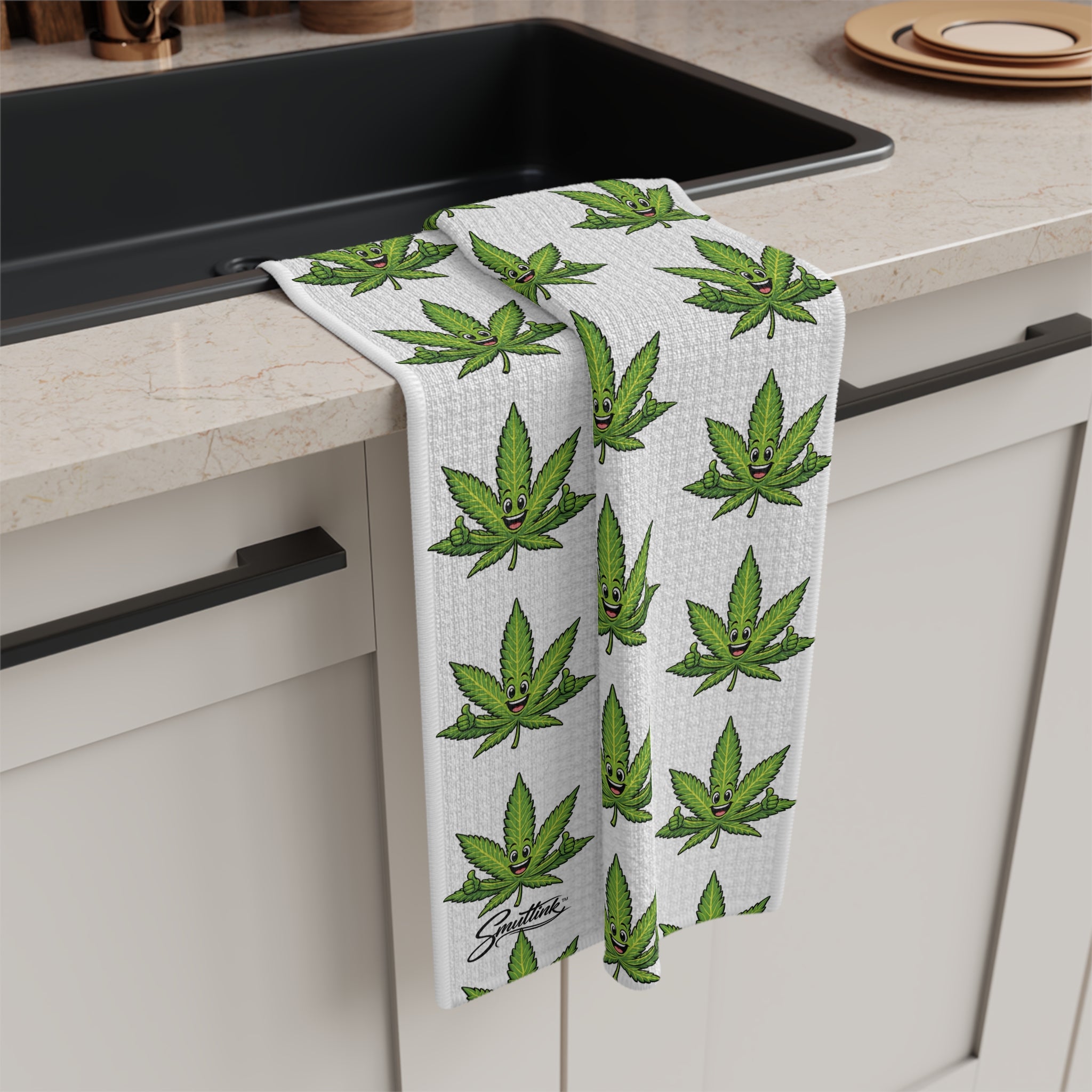 Cannabis Leaf Microfiber Tea Towel — Repeating Green Marijuana Pattern Kitchen Towel