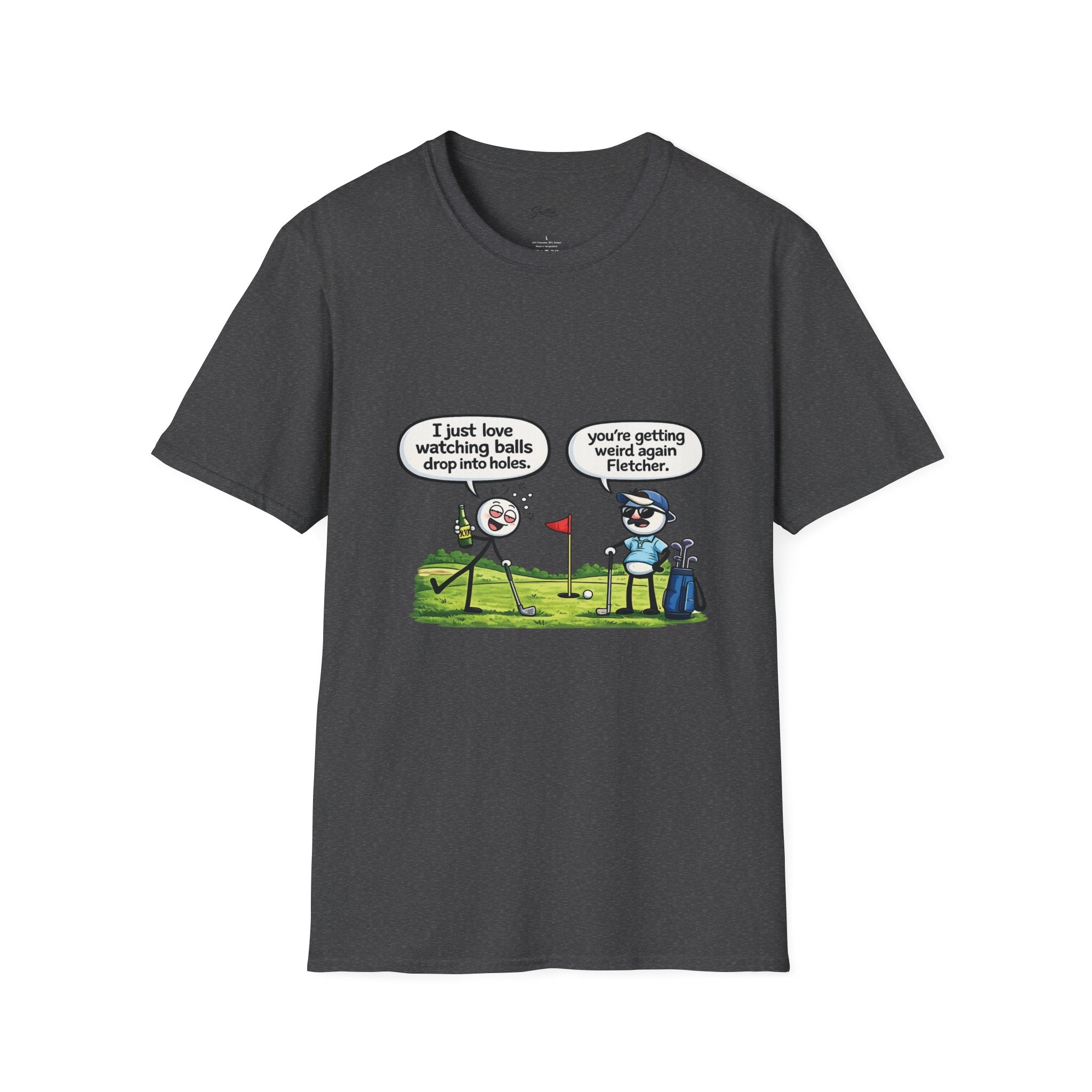 Golf Cartoon T-Shirt — Funny "I Just Love Watching Balls Drop Into Holes" Graphic Tee