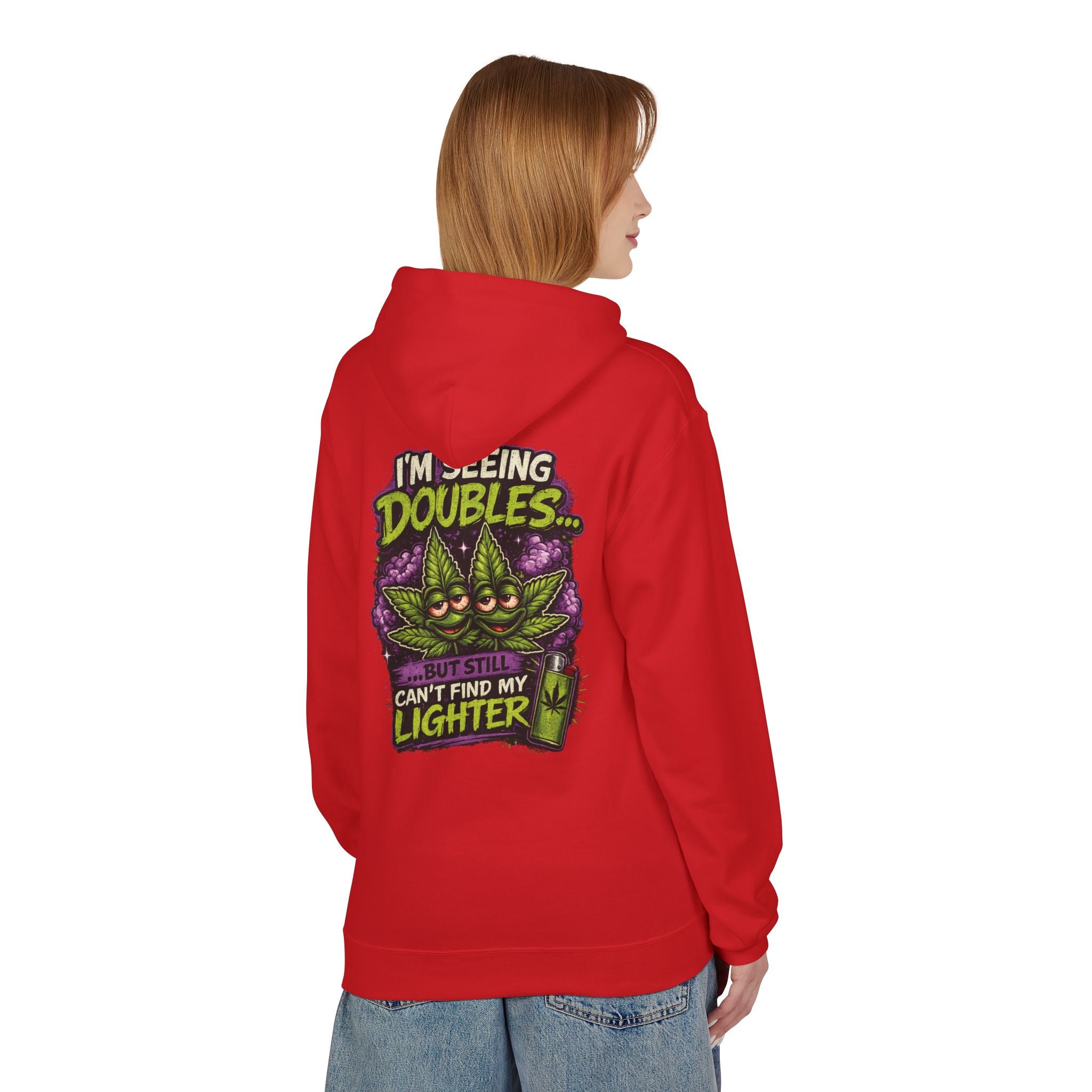 I'm Seeing Doubles Hoodie — Funny Cannabis Graphic Pullover with 'Can't Find My Lighter' Design