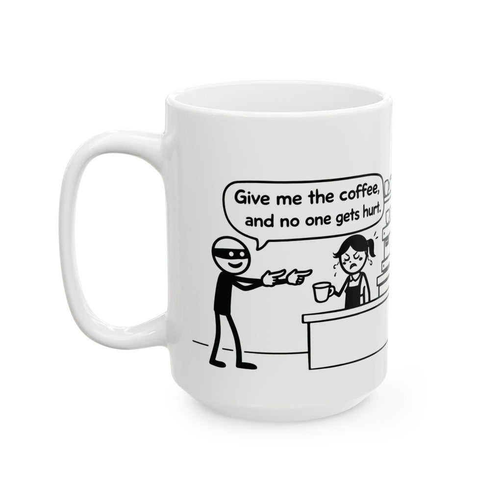 Funny Coffee Mug — "Coffee Heist" Comic Strip Ceramic Mug (11oz & 15oz)