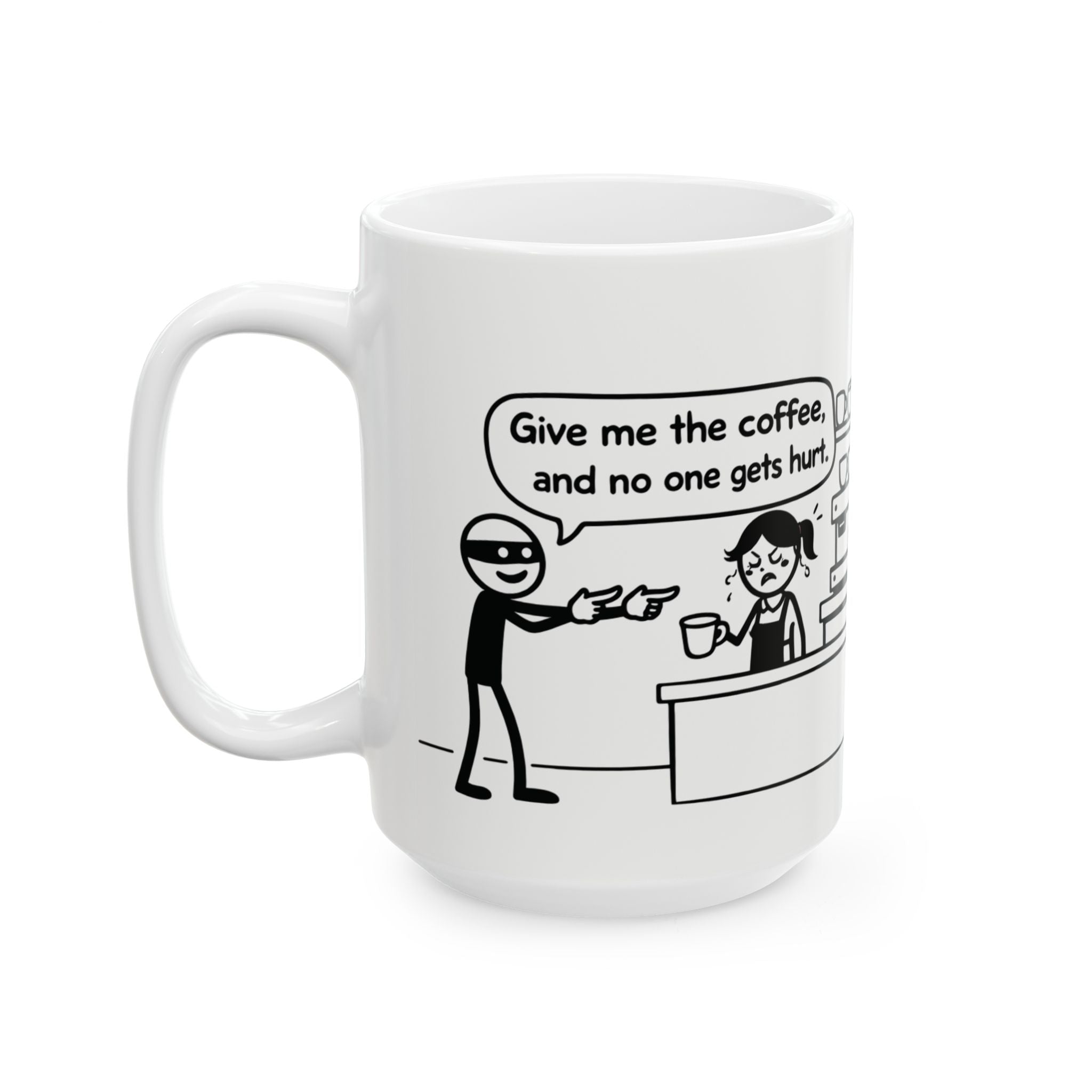 Funny Coffee Mug — "Coffee Heist" Comic Strip Ceramic Mug (11oz & 15oz)