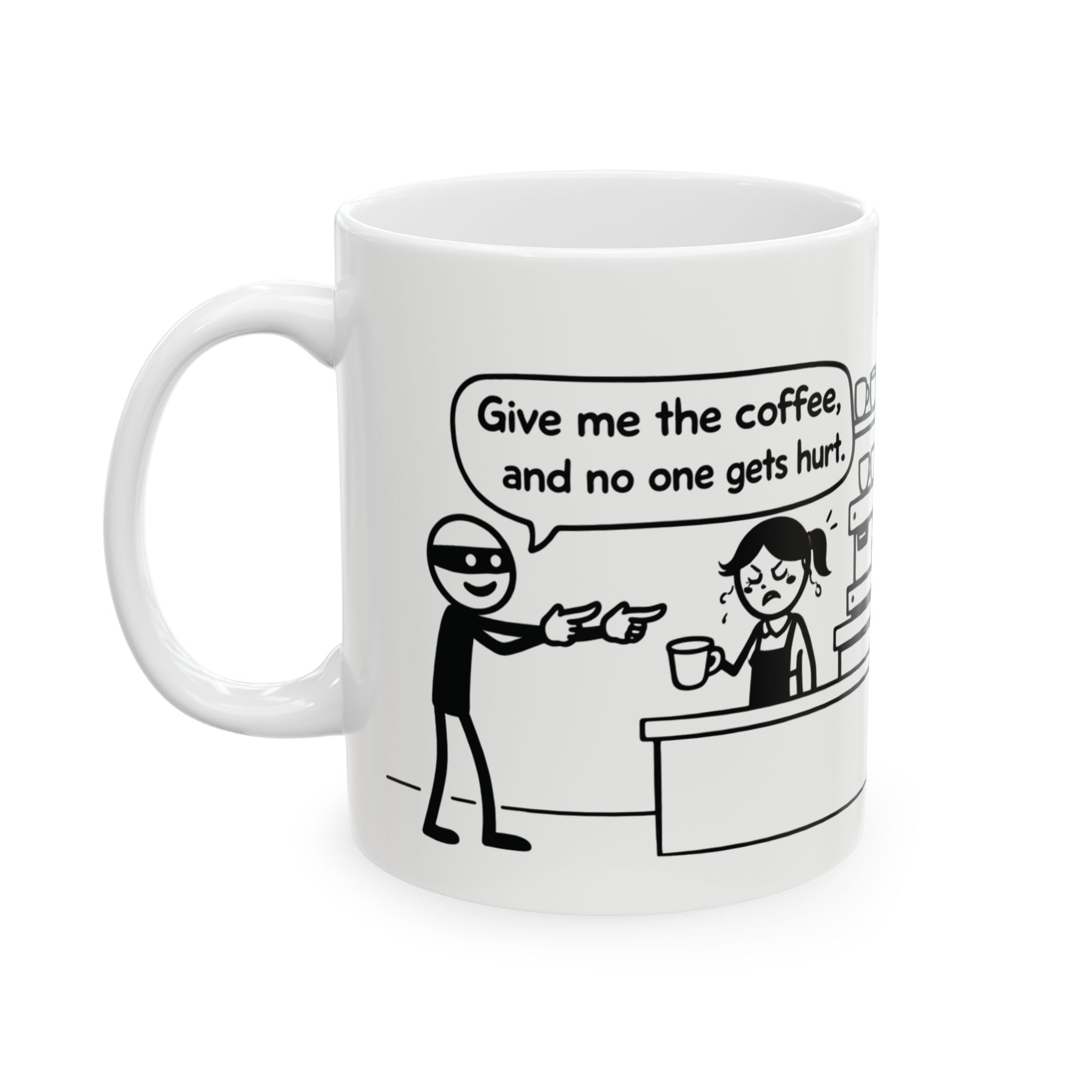 Funny Coffee Mug — "Coffee Heist" Comic Strip Ceramic Mug (11oz & 15oz)