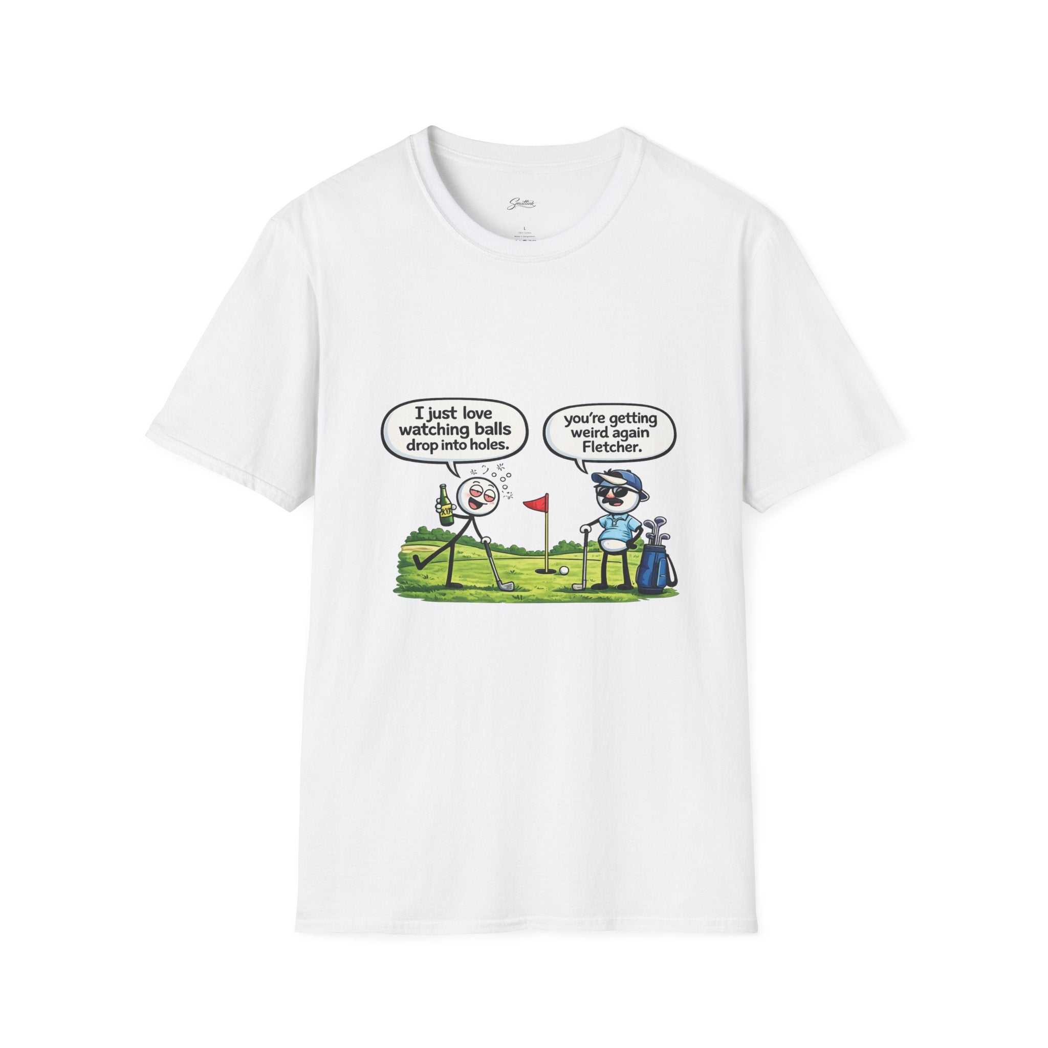 Golf Cartoon T-Shirt — Funny "I Just Love Watching Balls Drop Into Holes" Graphic Tee