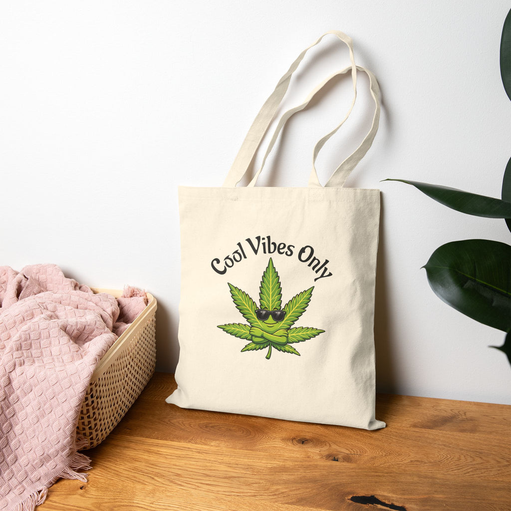 Cool Vibes Only Canvas Tote — Cannabis Leaf Graphic Cotton Tote Bag