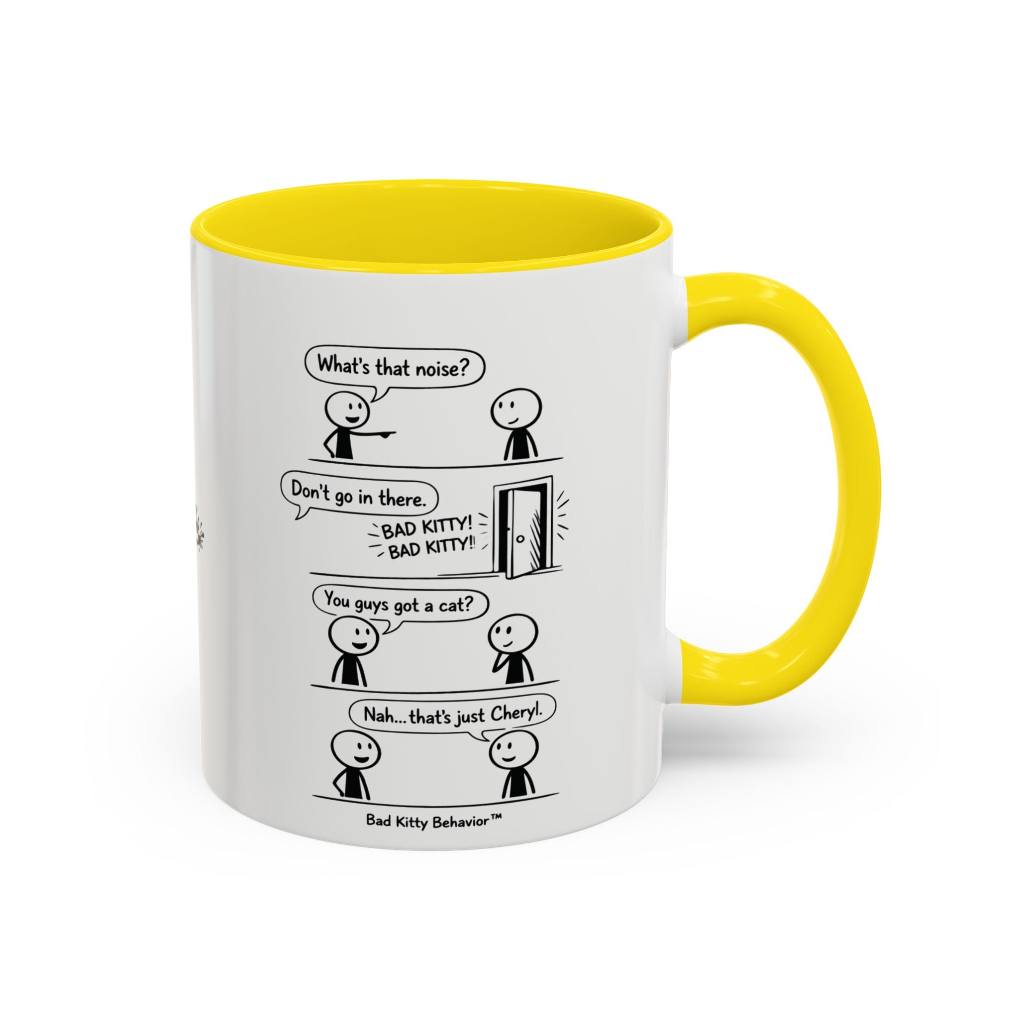 Coffee Mug — Funny Stick Figure Comic "Bad Kitty" Accent Ceramic Mug (11/15oz)