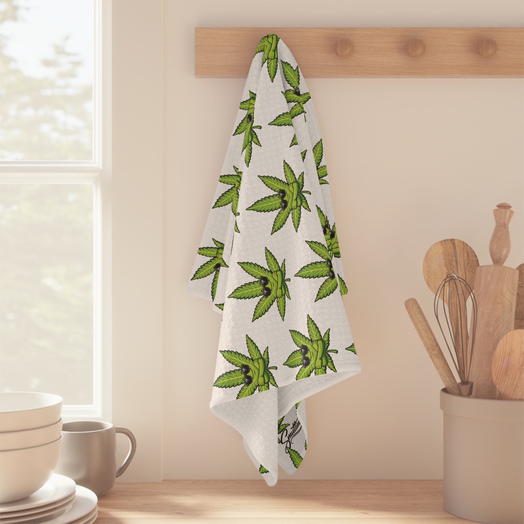 Kool Cannabis Leaf Microfiber Tea Towel — Repeating Green Marijuana Pattern Kitchen Towel