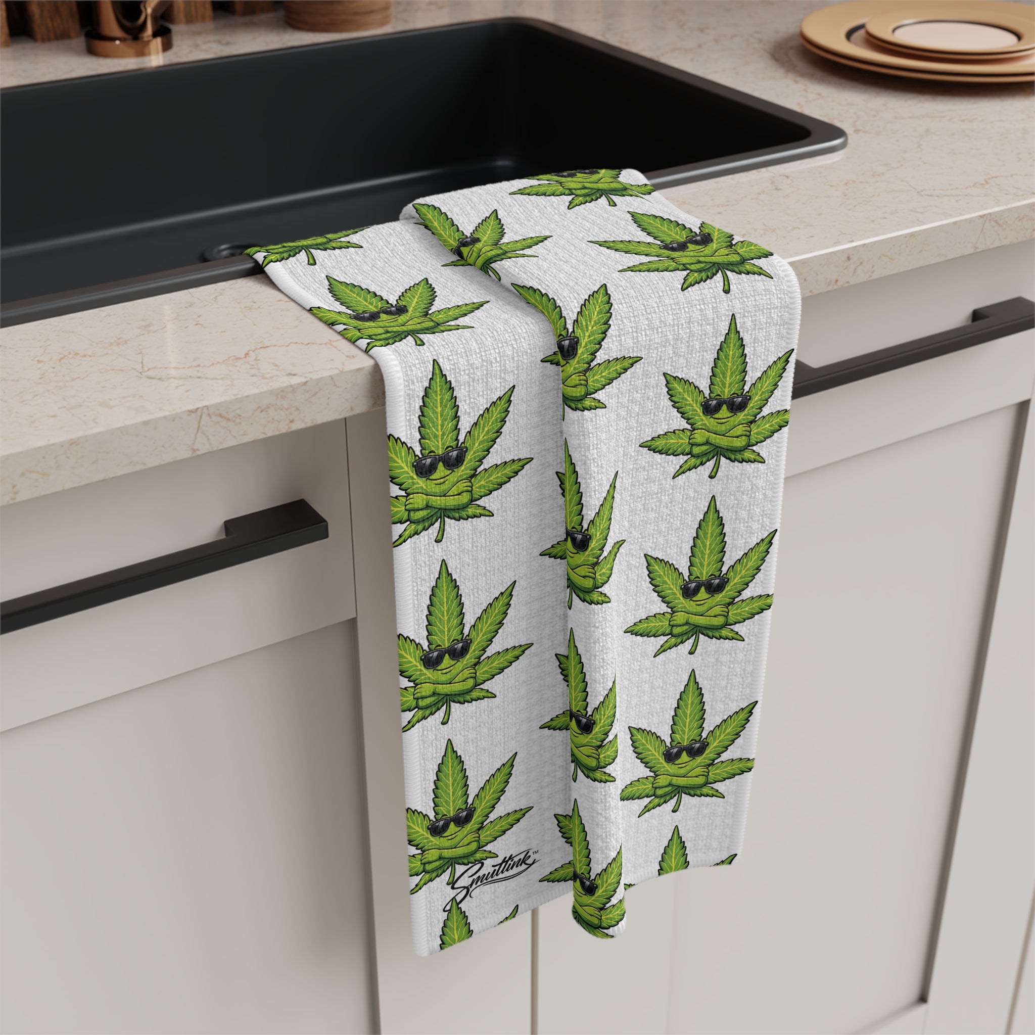 Kool Cannabis Leaf Microfiber Tea Towel — Repeating Green Marijuana Pattern Kitchen Towel