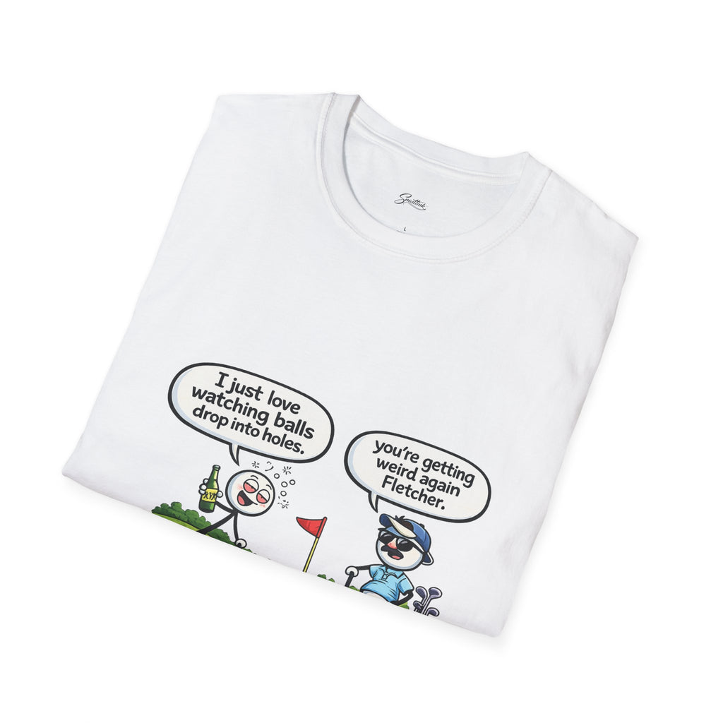 Golf Cartoon T-Shirt — Funny "I Just Love Watching Balls Drop Into Holes" Graphic Tee
