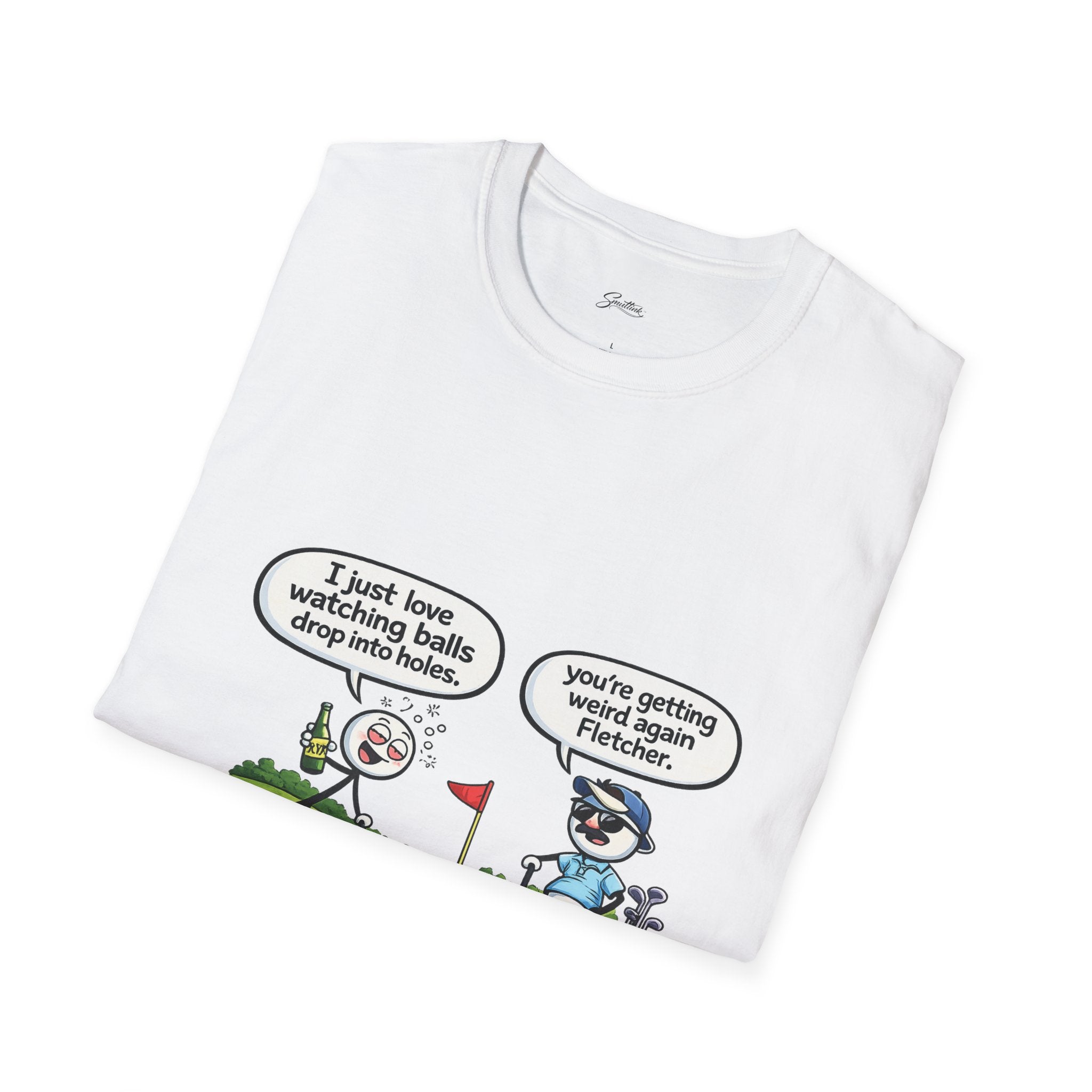 Golf Cartoon T-Shirt — Funny "I Just Love Watching Balls Drop Into Holes" Graphic Tee