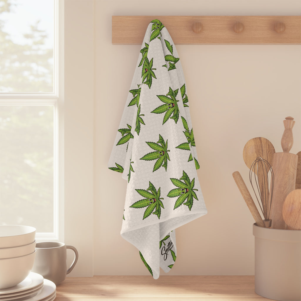 Cannabis Leaf Microfiber Tea Towel — Repeating Green Marijuana Pattern Kitchen Towel
