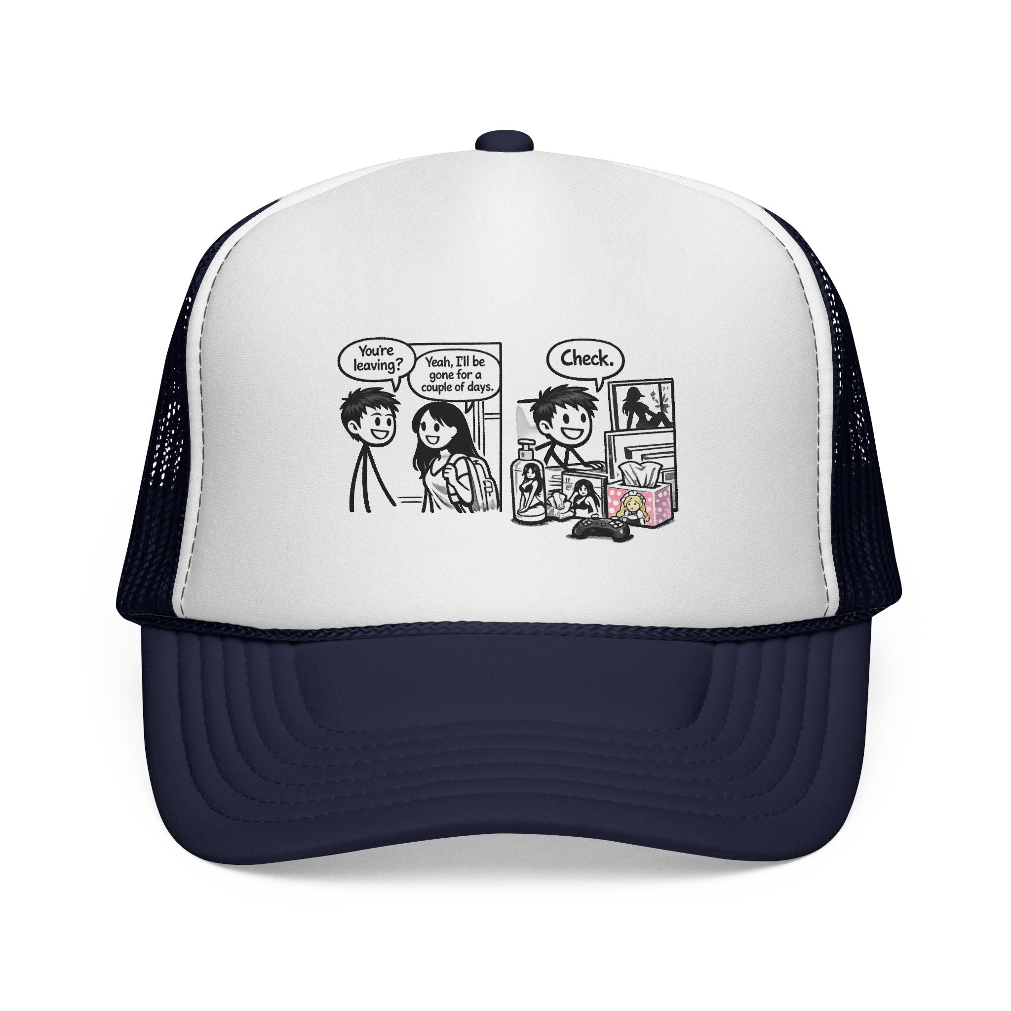 Comic Panel Trucker Hat — "Check" Retro Cartoon Design