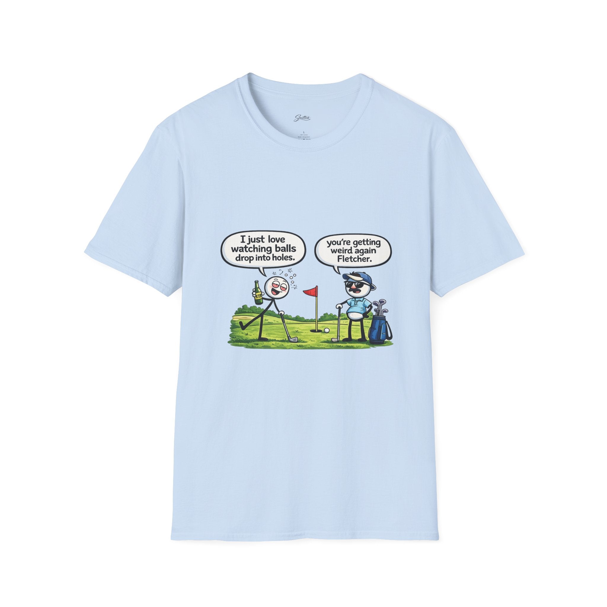 Golf Cartoon T-Shirt — Funny "I Just Love Watching Balls Drop Into Holes" Graphic Tee