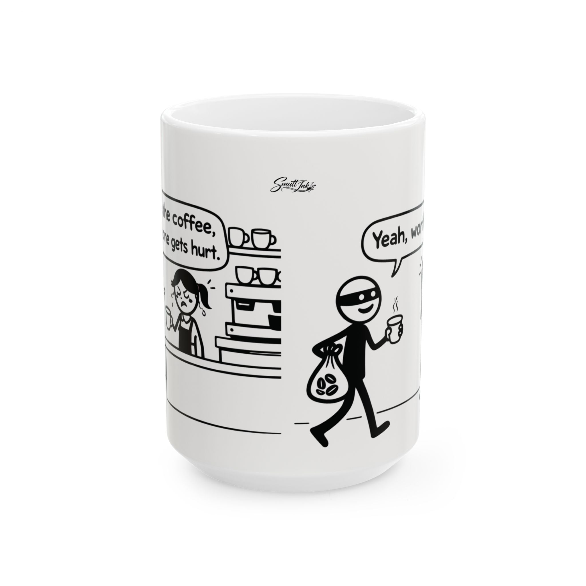 Funny Coffee Mug — "Coffee Heist" Comic Strip Ceramic Mug (11oz & 15oz)
