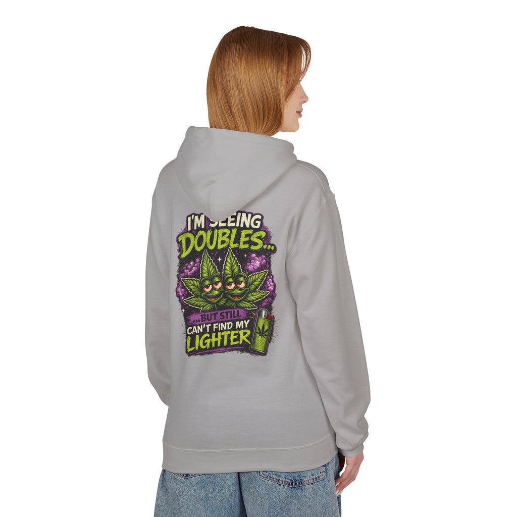 I'm Seeing Doubles Hoodie — Funny Cannabis Graphic Pullover with 'Can't Find My Lighter' Design