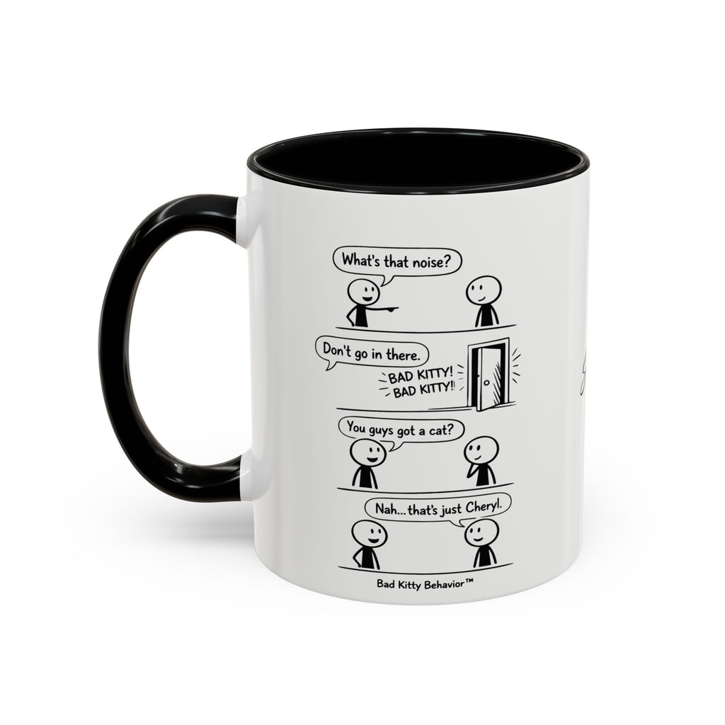 Coffee Mug — Funny Stick Figure Comic "Bad Kitty" Accent Ceramic Mug (11/15oz)