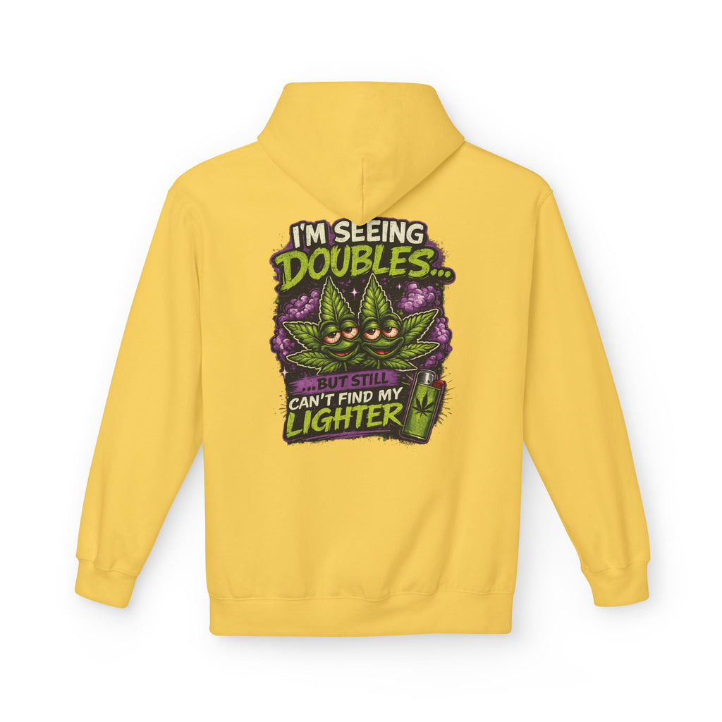 I'm Seeing Doubles Hoodie — Funny Cannabis Graphic Pullover with 'Can't Find My Lighter' Design