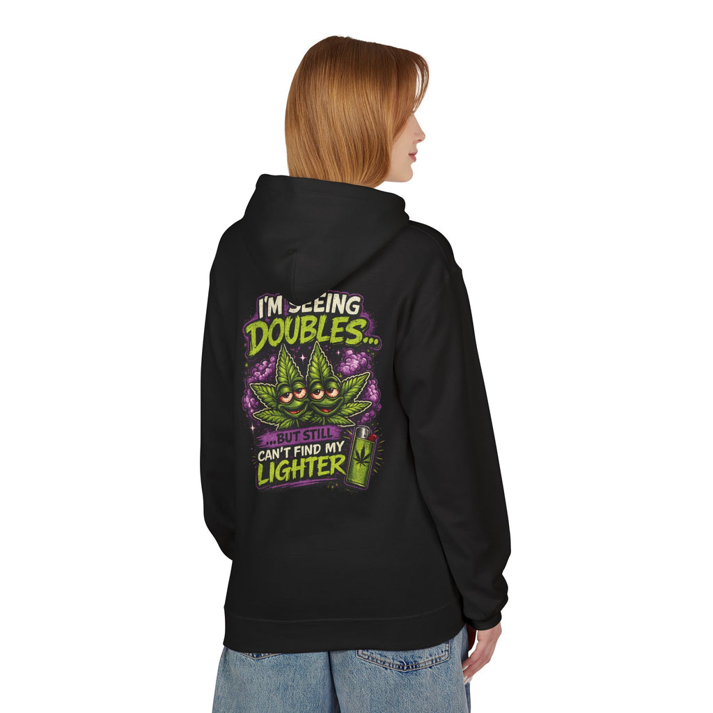 I'm Seeing Doubles Hoodie — Funny Cannabis Graphic Pullover with 'Can't Find My Lighter' Design