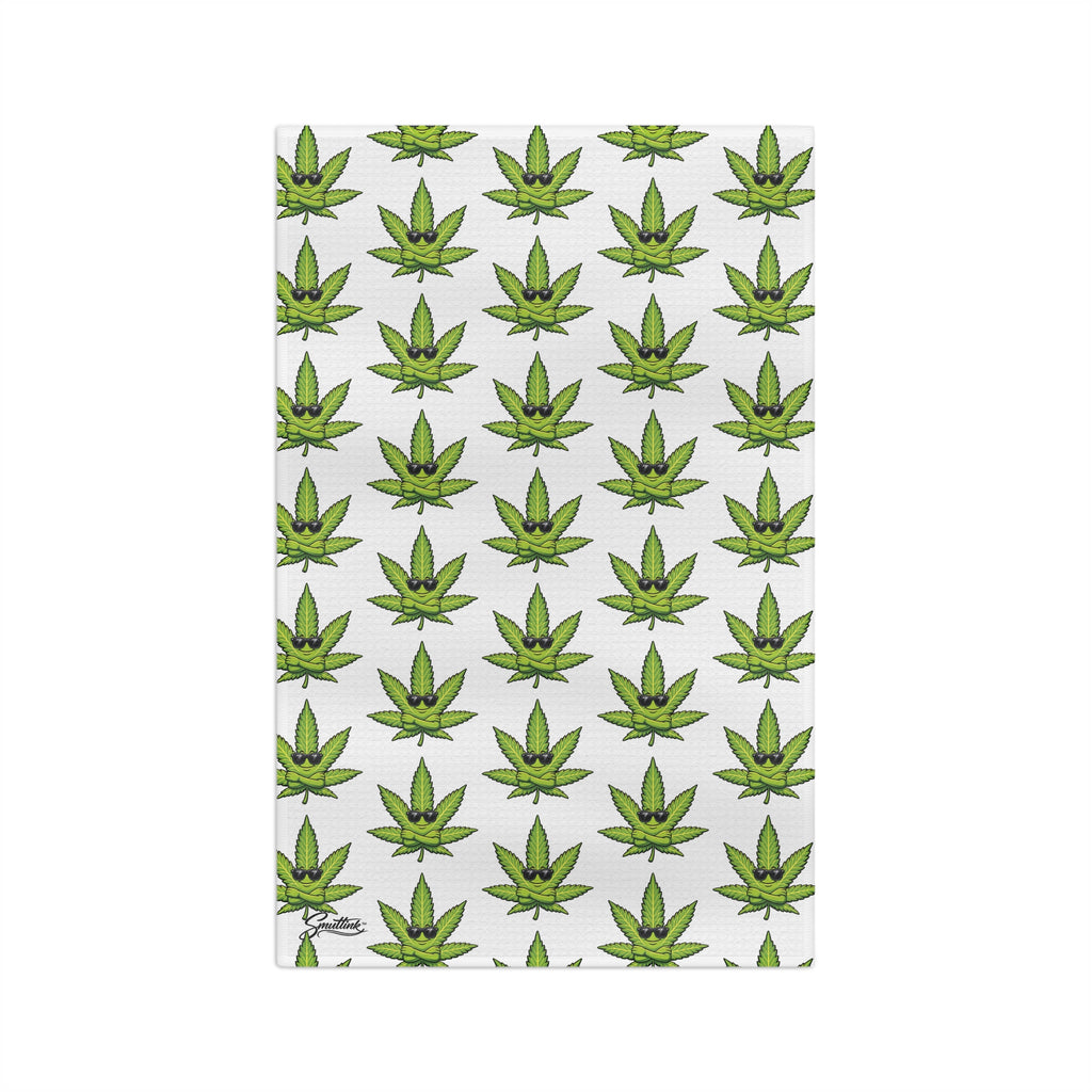 Kool Cannabis Leaf Microfiber Tea Towel — Repeating Green Marijuana Pattern Kitchen Towel