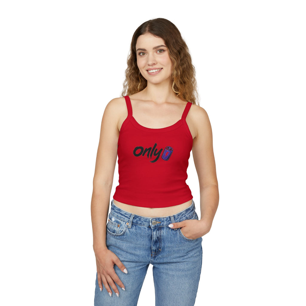 Spaghetti Tank — "Only" Purple Soda Can Graphic Crop Top