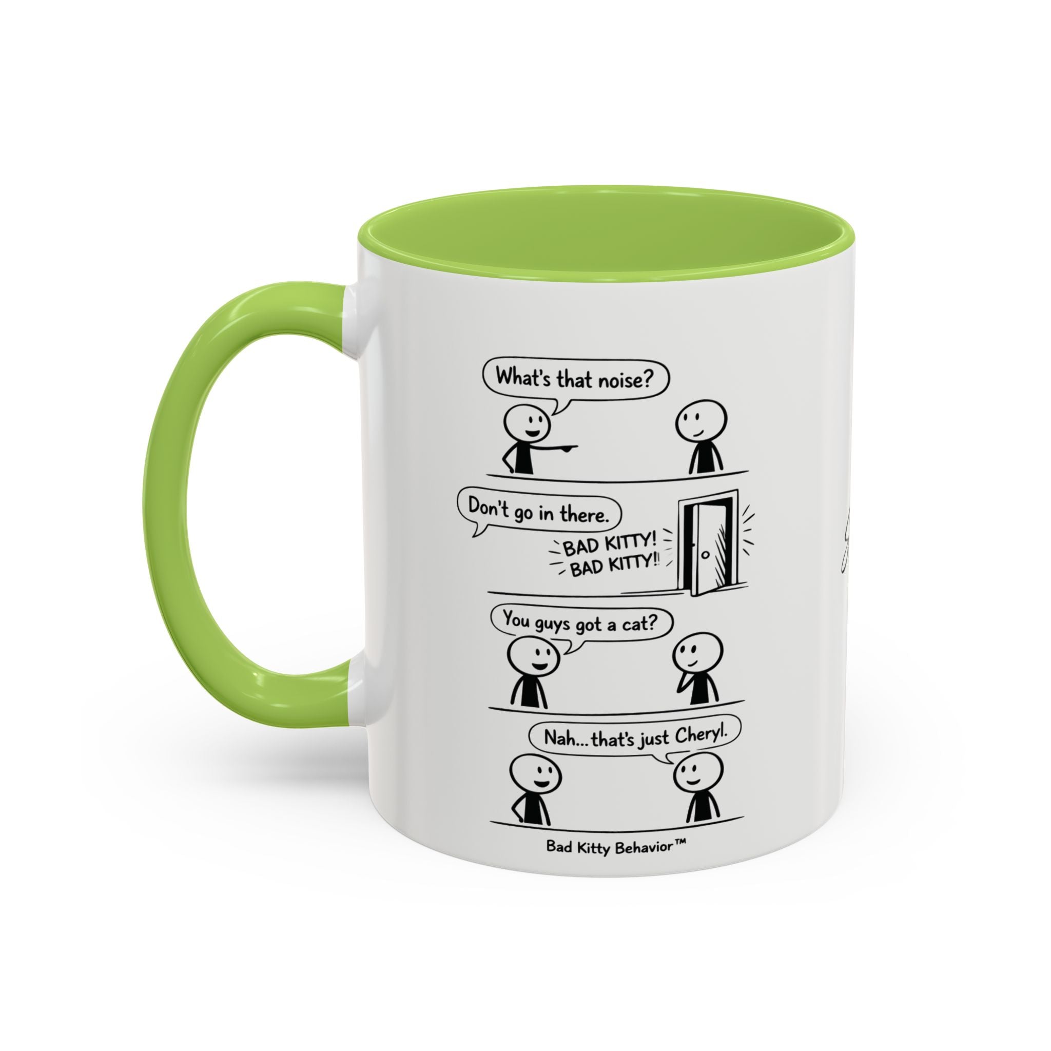 Coffee Mug — Funny Stick Figure Comic "Bad Kitty" Accent Ceramic Mug (11/15oz)