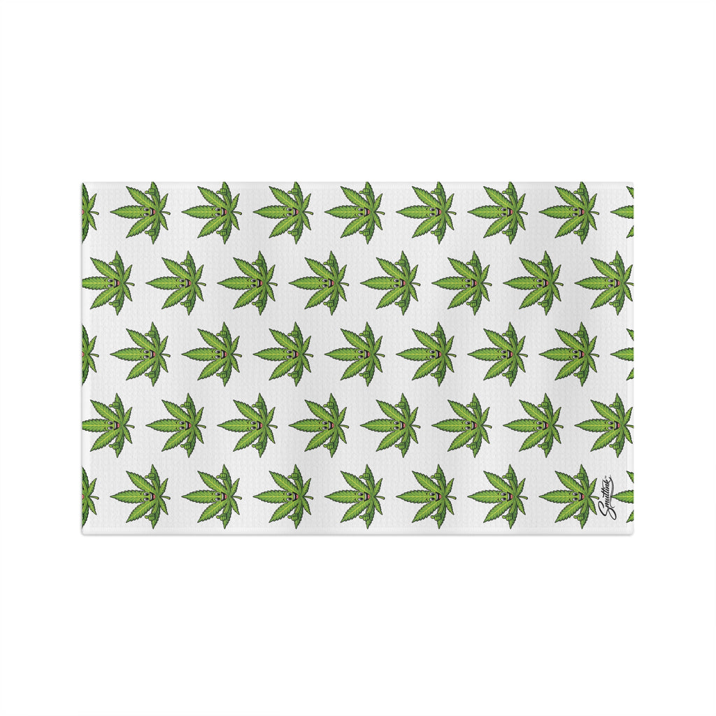 Cannabis Leaf Microfiber Tea Towel — Repeating Green Marijuana Pattern Kitchen Towel
