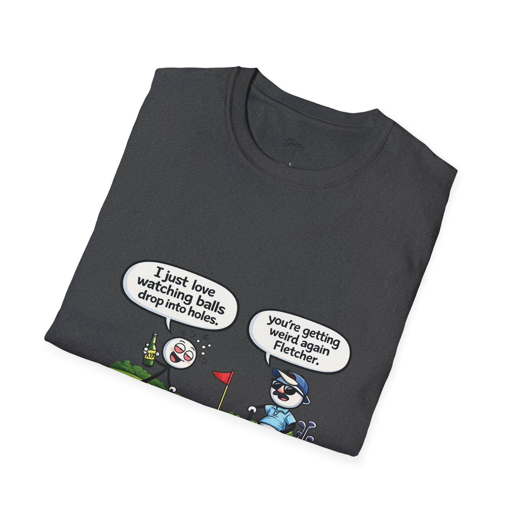 Golf Cartoon T-Shirt — Funny "I Just Love Watching Balls Drop Into Holes" Graphic Tee