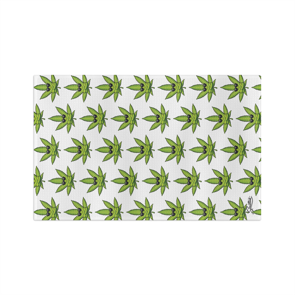 Kool Cannabis Leaf Microfiber Tea Towel — Repeating Green Marijuana Pattern Kitchen Towel