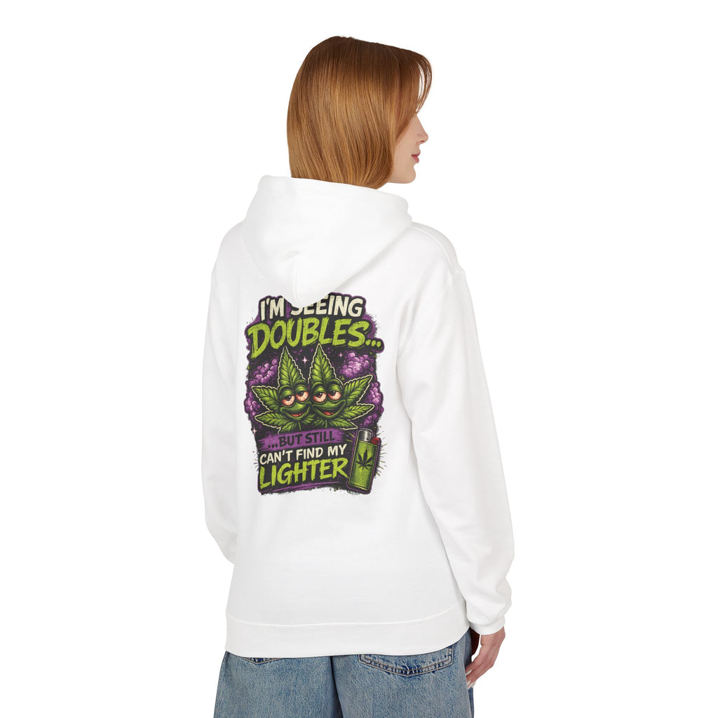 I'm Seeing Doubles Hoodie — Funny Cannabis Graphic Pullover with 'Can't Find My Lighter' Design